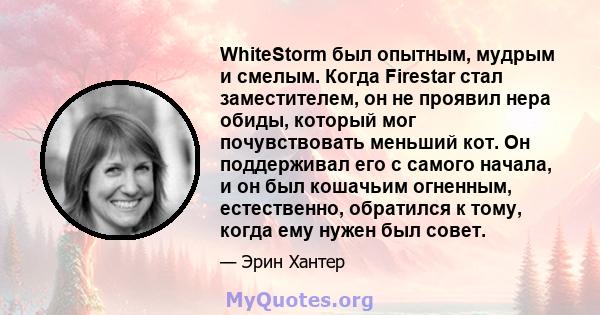 WhiteStorm был опытным, мудрым и смелым. Когда Firestar стал заместителем, он не проявил нера обиды, который мог почувствовать меньший кот. Он поддерживал его с самого начала, и он был кошачьим огненным, естественно,