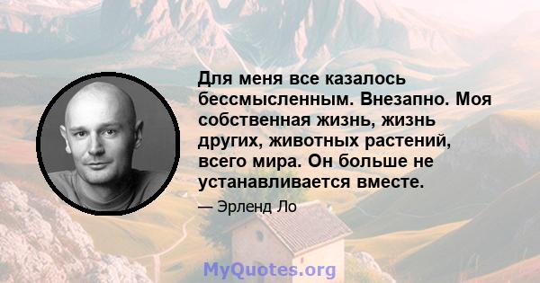 Для меня все казалось бессмысленным. Внезапно. Моя собственная жизнь, жизнь других, животных растений, всего мира. Он больше не устанавливается вместе.