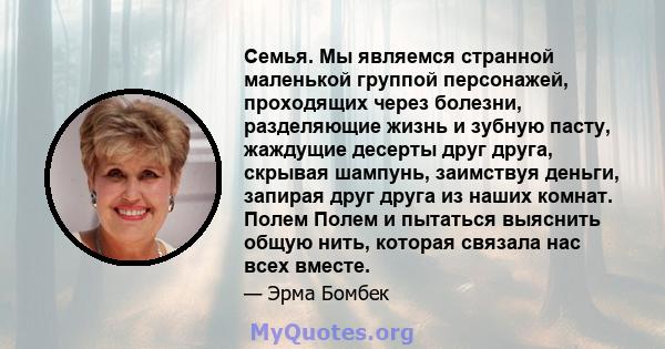 Семья. Мы являемся странной маленькой группой персонажей, проходящих через болезни, разделяющие жизнь и зубную пасту, жаждущие десерты друг друга, скрывая шампунь, заимствуя деньги, запирая друг друга из наших комнат.