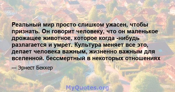 Реальный мир просто слишком ужасен, чтобы признать. Он говорит человеку, что он маленькое дрожащее животное, которое когда -нибудь разлагается и умрет. Культура меняет все это, делает человека важным, жизненно важным