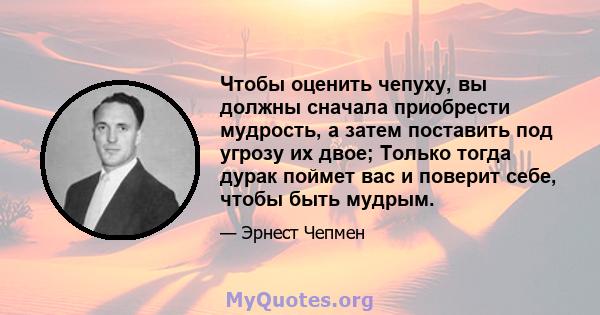 Чтобы оценить чепуху, вы должны сначала приобрести мудрость, а затем поставить под угрозу их двое; Только тогда дурак поймет вас и поверит себе, чтобы быть мудрым.