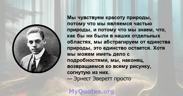 Мы чувствуем красоту природы, потому что мы являемся частью природы, и потому что мы знаем, что, как бы ни были в наших отдельных областях, мы абстрагируем от единства природы, это единство остается. Хотя мы можем иметь 