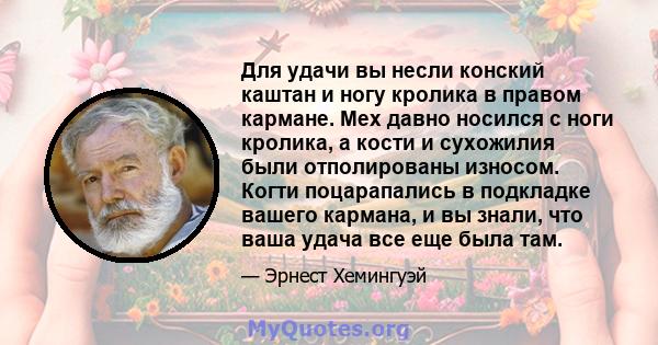 Для удачи вы несли конский каштан и ногу кролика в правом кармане. Мех давно носился с ноги кролика, а кости и сухожилия были отполированы износом. Когти поцарапались в подкладке вашего кармана, и вы знали, что ваша