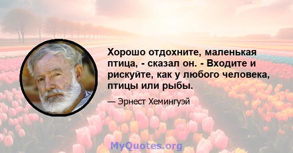 Хорошо отдохните, маленькая птица, - сказал он. - Входите и рискуйте, как у любого человека, птицы или рыбы.