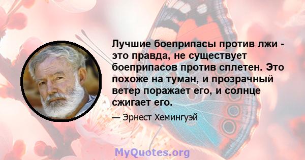 Лучшие боеприпасы против лжи - это правда, не существует боеприпасов против сплетен. Это похоже на туман, и прозрачный ветер поражает его, и солнце сжигает его.