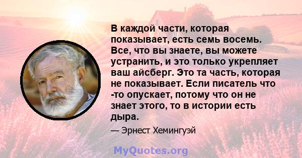 В каждой части, которая показывает, есть семь восемь. Все, что вы знаете, вы можете устранить, и это только укрепляет ваш айсберг. Это та часть, которая не показывает. Если писатель что -то опускает, потому что он не