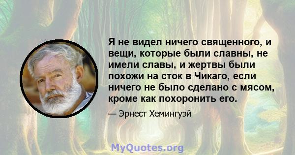 Я не видел ничего священного, и вещи, которые были славны, не имели славы, и жертвы были похожи на сток в Чикаго, если ничего не было сделано с мясом, кроме как похоронить его.