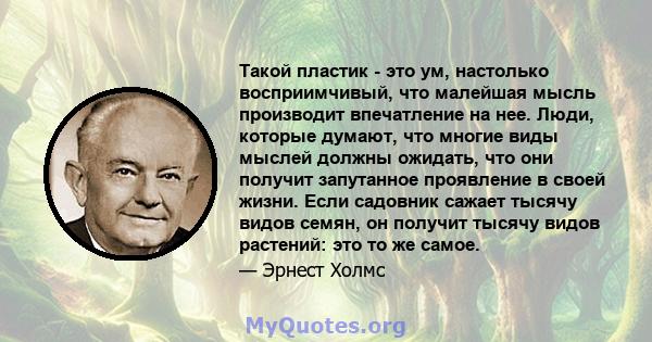 Такой пластик - это ум, настолько восприимчивый, что малейшая мысль производит впечатление на нее. Люди, которые думают, что многие виды мыслей должны ожидать, что они получит запутанное проявление в своей жизни. Если