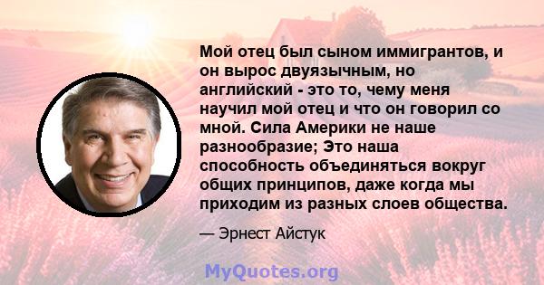 Мой отец был сыном иммигрантов, и он вырос двуязычным, но английский - это то, чему меня научил мой отец и что он говорил со мной. Сила Америки не наше разнообразие; Это наша способность объединяться вокруг общих