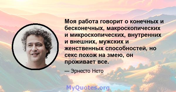 Моя работа говорит о конечных и бесконечных, макроскопических и микроскопических, внутренних и внешних, мужских и женственных способностей, но секс похож на змею, он проживает все.