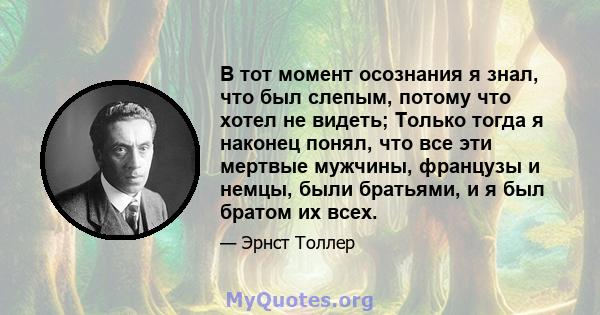 В тот момент осознания я знал, что был слепым, потому что хотел не видеть; Только тогда я наконец понял, что все эти мертвые мужчины, французы и немцы, были братьями, и я был братом их всех.