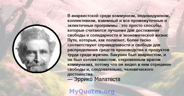 В анархистской среде коммунизм, индивидуализм, коллективизм, взаимный и все промежуточные и эклектичные программы - это просто способы, которые считаются лучшими для достижения свободы и солидарности в экономической