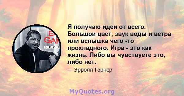 Я получаю идеи от всего. Большой цвет, звук воды и ветра или вспышка чего -то прохладного. Игра - это как жизнь. Либо вы чувствуете это, либо нет.