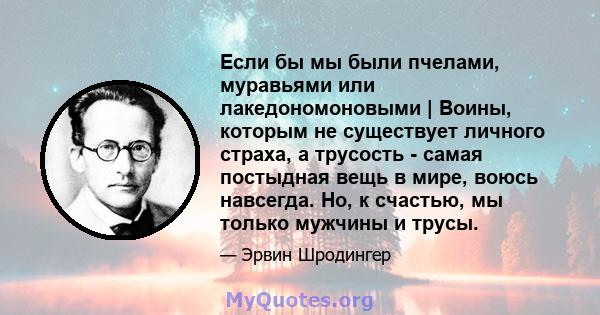 Если бы мы были пчелами, муравьями или лакедономоновыми | Воины, которым не существует личного страха, а трусость - самая постыдная вещь в мире, воюсь навсегда. Но, к счастью, мы только мужчины и трусы.