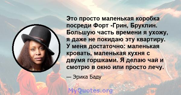 Это просто маленькая коробка посреди Форт -Грин, Бруклин. Большую часть времени я ухожу, я даже не покидаю эту квартиру. У меня достаточно: маленькая кровать, маленькая кухня с двумя горшками. Я делаю чай и смотрю в