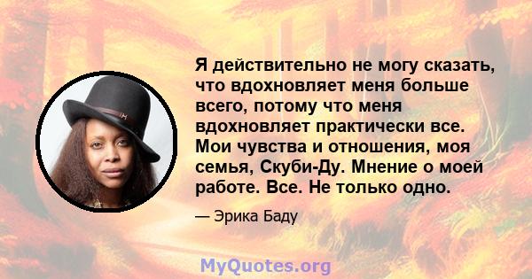 Я действительно не могу сказать, что вдохновляет меня больше всего, потому что меня вдохновляет практически все. Мои чувства и отношения, моя семья, Скуби-Ду. Мнение о моей работе. Все. Не только одно.