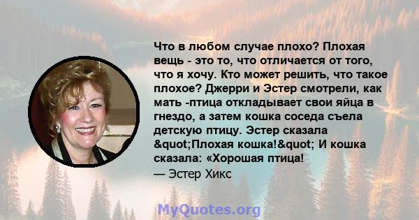 Что в любом случае плохо? Плохая вещь - это то, что отличается от того, что я хочу. Кто может решить, что такое плохое? Джерри и Эстер смотрели, как мать -птица откладывает свои яйца в гнездо, а затем кошка соседа съела 