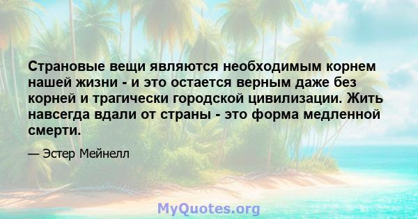 Страновые вещи являются необходимым корнем нашей жизни - и это остается верным даже без корней и трагически городской цивилизации. Жить навсегда вдали от страны - это форма медленной смерти.