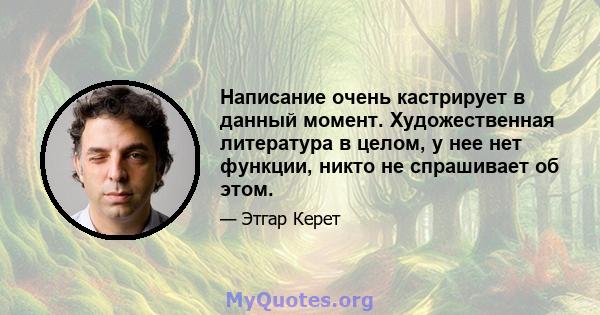 Написание очень кастрирует в данный момент. Художественная литература в целом, у нее нет функции, никто не спрашивает об этом.