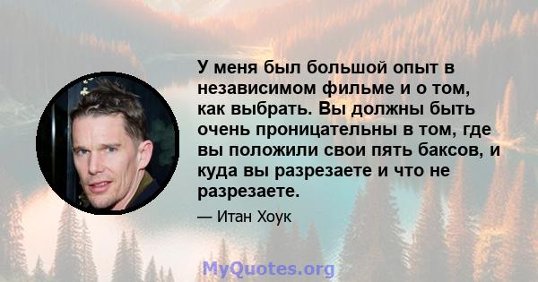 У меня был большой опыт в независимом фильме и о том, как выбрать. Вы должны быть очень проницательны в том, где вы положили свои пять баксов, и куда вы разрезаете и что не разрезаете.