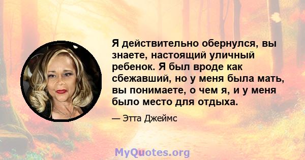 Я действительно обернулся, вы знаете, настоящий уличный ребенок. Я был вроде как сбежавший, но у меня была мать, вы понимаете, о чем я, и у меня было место для отдыха.