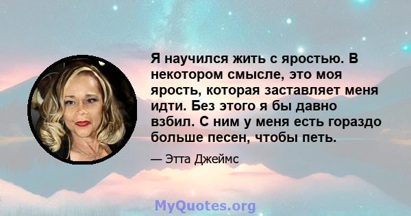 Я научился жить с яростью. В некотором смысле, это моя ярость, которая заставляет меня идти. Без этого я бы давно взбил. С ним у меня есть гораздо больше песен, чтобы петь.