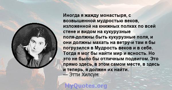 Иногда я жажду монастыря, с возвышенной мудростью веков, изложенной на книжных полках по всей стене и видом на кукурузные поля-должны быть кукурузные поля, и они должны махать на ветру-и там я бы погрузился в Мудрость