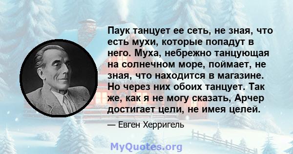 Паук танцует ее сеть, не зная, что есть мухи, которые попадут в него. Муха, небрежно танцующая на солнечном море, поймает, не зная, что находится в магазине. Но через них обоих танцует. Так же, как я не могу сказать,