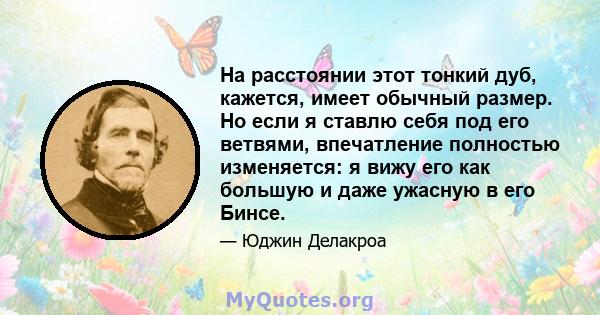 На расстоянии этот тонкий дуб, кажется, имеет обычный размер. Но если я ставлю себя под его ветвями, впечатление полностью изменяется: я вижу его как большую и даже ужасную в его Бинсе.