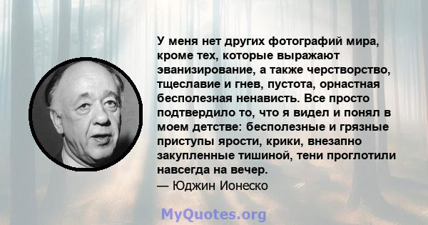 У меня нет других фотографий мира, кроме тех, которые выражают эванизирование, а также черстворство, тщеславие и гнев, пустота, орнастная бесполезная ненависть. Все просто подтвердило то, что я видел и понял в моем