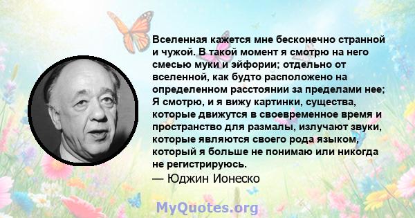 Вселенная кажется мне бесконечно странной и чужой. В такой момент я смотрю на него смесью муки и эйфории; отдельно от вселенной, как будто расположено на определенном расстоянии за пределами нее; Я смотрю, и я вижу