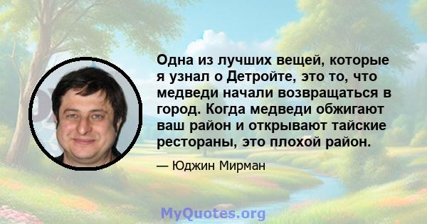 Одна из лучших вещей, которые я узнал о Детройте, это то, что медведи начали возвращаться в город. Когда медведи обжигают ваш район и открывают тайские рестораны, это плохой район.