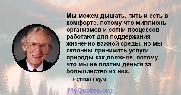 Мы можем дышать, пить и есть в комфорте, потому что миллионы организмов и сотни процессов работают для поддержания жизненно важной среды, но мы склонны принимать услуги природы как должное, потому что мы не платим