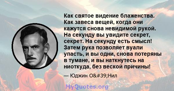 Как святое видение блаженства. Как завеса вещей, когда они кажутся снова невидимой рукой. На секунду вы увидите секрет, секрет. На секунду есть смысл! Затем рука позволяет вуали упасть, и вы одни, снова потеряны в