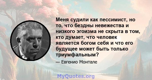 Меня судили как пессимист, но то, что бездны невежества и низкого эгоизма не скрыта в том, кто думает, что человек является богом себя и что его будущее может быть только триумфальным?