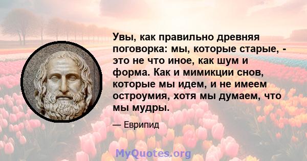 Увы, как правильно древняя поговорка: мы, которые старые, - это не что иное, как шум и форма. Как и мимикции снов, которые мы идем, и не имеем остроумия, хотя мы думаем, что мы мудры.