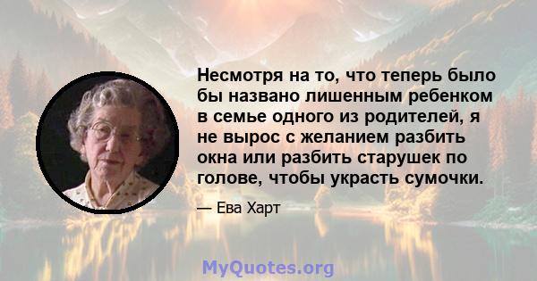 Несмотря на то, что теперь было бы названо лишенным ребенком в семье одного из родителей, я не вырос с желанием разбить окна или разбить старушек по голове, чтобы украсть сумочки.