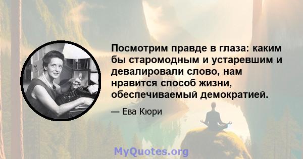 Посмотрим правде в глаза: каким бы старомодным и устаревшим и девалировали слово, нам нравится способ жизни, обеспечиваемый демократией.