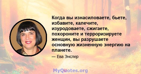 Когда вы изнасиловаете, бьете, избавите, калечите, изуродоваете, сжигаете, похороните и терроризируете женщин, вы разрушаете основную жизненную энергию на планете.