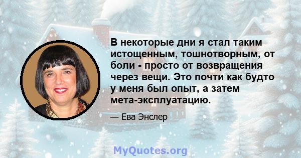 В некоторые дни я стал таким истощенным, тошнотворным, от боли - просто от возвращения через вещи. Это почти как будто у меня был опыт, а затем мета-эксплуатацию.