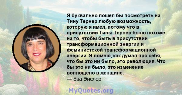 Я буквально пошел бы посмотреть на Тину Тернер любую возможность, которую я имел, потому что в присутствии Тины Тернер было похоже на то, чтобы быть в присутствии трансформационной энергии и феминистской