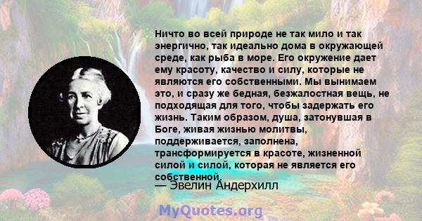 Ничто во всей природе не так мило и так энергично, так идеально дома в окружающей среде, как рыба в море. Его окружение дает ему красоту, качество и силу, которые не являются его собственными. Мы вынимаем это, и сразу