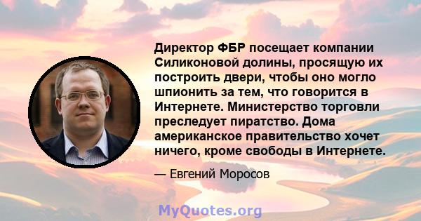 Директор ФБР посещает компании Силиконовой долины, просящую их построить двери, чтобы оно могло шпионить за тем, что говорится в Интернете. Министерство торговли преследует пиратство. Дома американское правительство