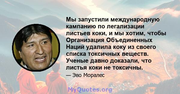 Мы запустили международную кампанию по легализации листьев коки, и мы хотим, чтобы Организация Объединенных Наций удалила коку из своего списка токсичных веществ. Ученые давно доказали, что листья коки не токсичны.