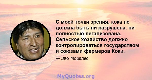 С моей точки зрения, кока не должна быть ни разрушена, ни полностью легализована. Сельское хозяйство должно контролироваться государством и союзами фермеров Коки.