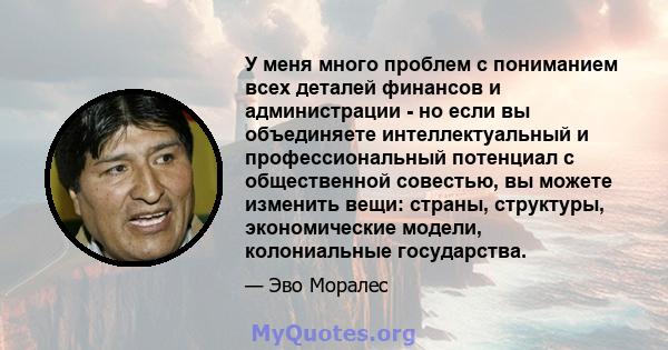 У меня много проблем с пониманием всех деталей финансов и администрации - но если вы объединяете интеллектуальный и профессиональный потенциал с общественной совестью, вы можете изменить вещи: страны, структуры,