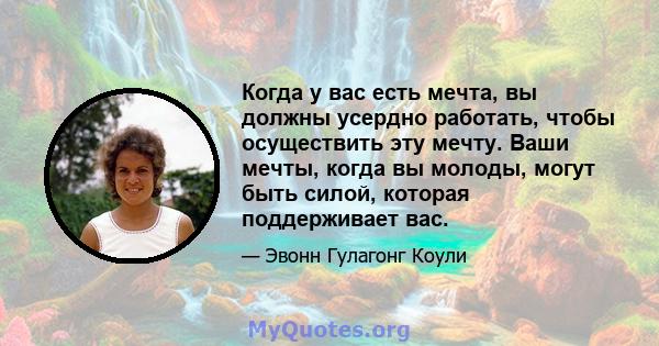 Когда у вас есть мечта, вы должны усердно работать, чтобы осуществить эту мечту. Ваши мечты, когда вы молоды, могут быть силой, которая поддерживает вас.