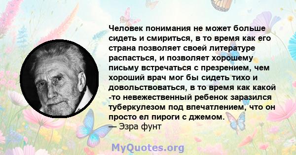 Человек понимания не может больше сидеть и смириться, в то время как его страна позволяет своей литературе распасться, и позволяет хорошему письму встречаться с презрением, чем хороший врач мог бы сидеть тихо и