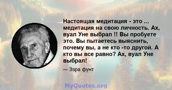 Настоящая медитация - это ... медитация на свою личность. Ах, вуал Уне выбрал !! Вы пробуете это. Вы пытаетесь выяснить, почему вы, а не кто -то другой. А кто вы все равно? Ах, вуал Уне выбрал!