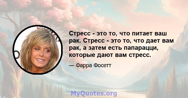 Стресс - это то, что питает ваш рак. Стресс - это то, что дает вам рак, а затем есть папарацци, которые дают вам стресс.